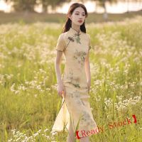 ชุดกี่เพ้าขายดีปรับปรุงใหม่สำหรับผู้หญิงชุดเดรสคลุมเข่าลายดอกไม้สไตล์จีนสำหรับฤดูร้อนใหม่2023