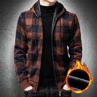 Cardigan Men Korean Cardigan With Hooded Plaid Pattern Vintage Style Sweater Coat Men Hooded Fleece Sweater Jacket Warm Thick