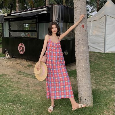 Spring retro red plaid skirt with shoulder-straps female new niche sweet wind easing show thin round collar dress