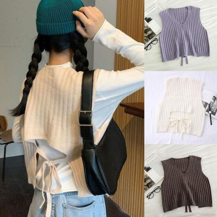 women-korean-style-lace-up-sleeveless-outer-wear-knitted-vest