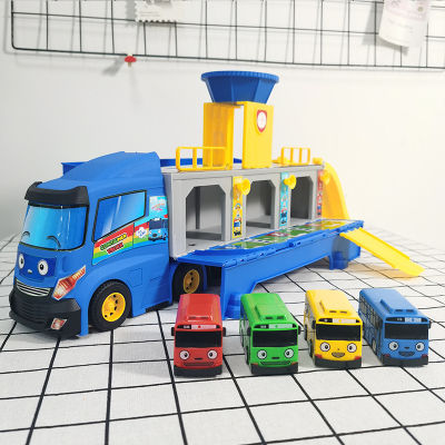 Cartoon Tayos The Little Bus Container Truck Storage Box Parking Lot With 3 Pull Back Mini Car Toys For Children Birthday Gifts