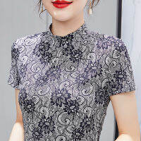 Summer 2022 New Lace Jacquard Short Sleeve Womens Top Fashion Casual Stand Collar Slim T-Shirt 4XL Plus Size Female Blusas