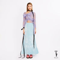 TandT - CLARIE Skirt - HEART-TRIMMED POCKET CARGO VELVET MAXI SKIRT กระโปรงยาวทรงเมอร์เมดเข้ารูปชายกระโปรงบาน ตกแต่งกระเป๋ากดรูดระบายรูปหัวใจ ผ้ากัมหยี