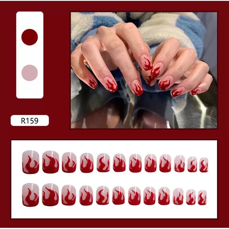 Móng Tay Giả Kèm Keo LCR159 Lửa Đỏ - Nails 24 móng giả giá rẻ tự làm nail tại nhà [Hà Nội]