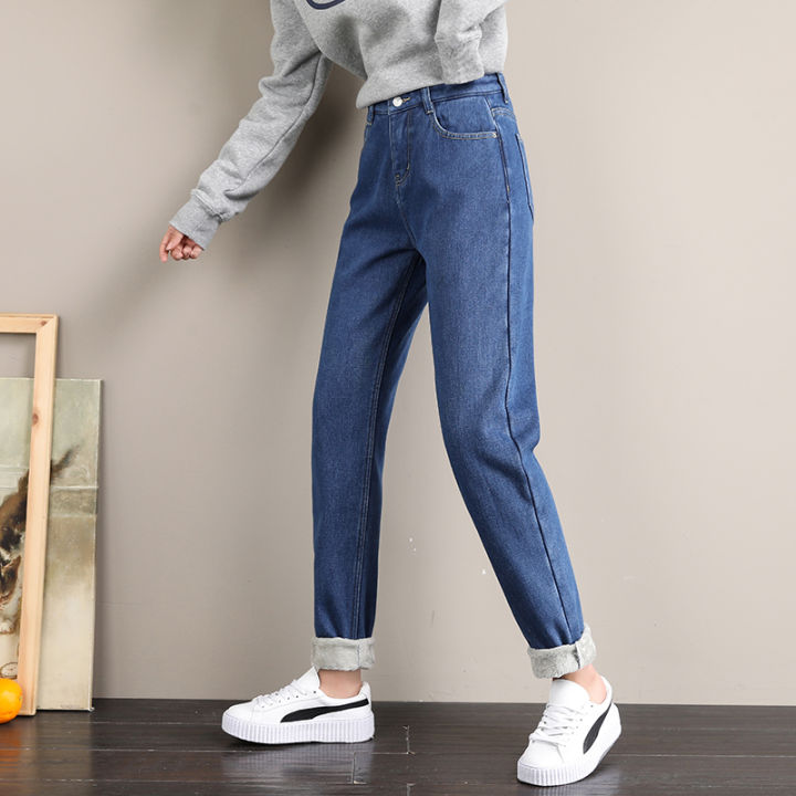 2021Warm Jeans Winter 2020 New Velvet Thick Mom Jeans High Waist Harem Trousers Female Pantalon Loose Wide-leg Fleece Denim Pants