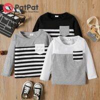 PatPat Toddler Boy Stripe Splice Chest Pocket Decor เสื้อยืดแขนยาว