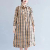 Burberry Dress Plaid Plus Size Dress 2023 Summer New Womens Long Literary Retro Loose Slim Lapel Skirt