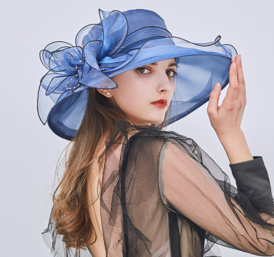 [hot]Organza Church Fascinators Hat Wedding Dress Tea Party Derby Hats for Women Flower Bowknot Wide Brim Sun Hat