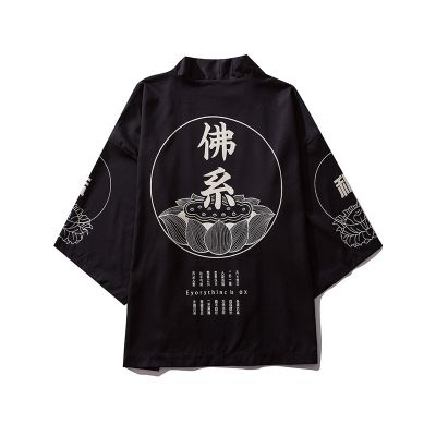เสื้อกิโมโนญี่ปุ่นเสื้อถักผู้ชายเสื้อเสื้อเบลาส์ Yukata Haori Obi ฤดูร้อนพิมพ์สีดำผู้ชายเสื้อผ้าซามูไร