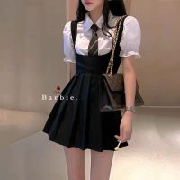 Sweet spice girl little black skirt suspender dress 2022 new summer waist sweet French pleated skirt backless suspender skirt