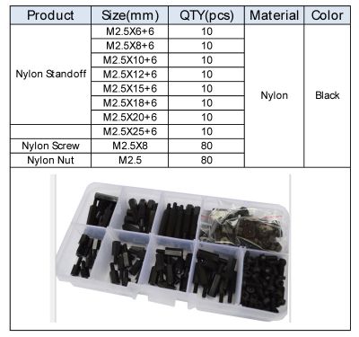 240pcs Black Plastic Nylon Standoff M2.5x8mm M2.5xL 6mm Hex Column Support Male Female Female Spacer Phillips Head Screw Nut Set