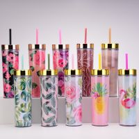 Beginning Of Romance 2023 New Double Plastic Straw Cup SKINNY Straight Tumbler Trend Flower Card Water Bottle