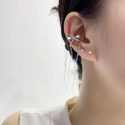[COD] Zhao Lusis same style earrings full of diamond zircon bow ear clips without piercing womens autumn and winter tassel long bone clip
