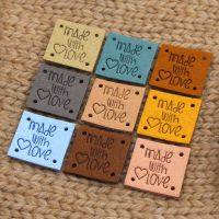 20Pcs Square Made with Love Labels for Clothes Colorful Handmade Leather Tags on Hats Bags Hand Made Sewing Accessories 25mm Stickers Labels