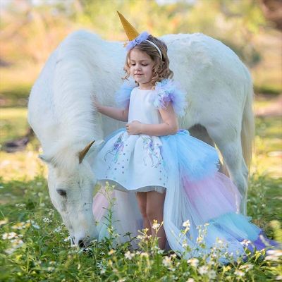 Fantasia Angel Girls Unicorn Dress Fancy Girl Little Pony Rainbow Tulle Tiered Christmas Kids Birthday Party Horse Tail Dress