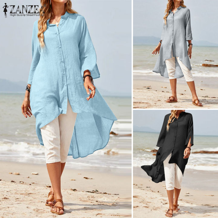 Clearance Sale)(Freeshipping) Esolo ZANZEA Women Long Sleeve Asymmetrical  Button Down Tunic Shirt Tops High Low Hem Swing Blouse #15