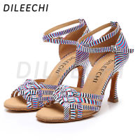 DILEECHI รองเท้าเต้นรำละตินของผู้หญิงพรรครองเท้าเต้นรำรองเท้าแตะ Multicolor แบบสีม่วง PU รองเท้าเต้นรำบอลรูมส้นคิวบา9เซนติเมตร