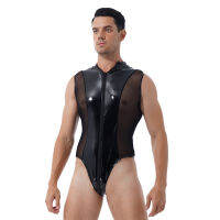 Mens Shiny Metallic สิทธิบัตรหนัง Jumpsuits Sheer ตาข่าย Splice ชุดชั้นในแขนกุดซิปคู่ High Cut Leotard Bodysuit