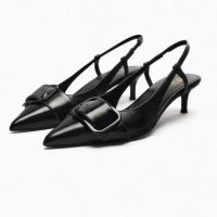 2023 European and American Womens za.raˉShoes Summer New Womens Shoes Black cow leather slingback cat heel shoes