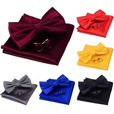 ✗ Men Bowtie Cufflinks Cravat Set Solid Butterfly Ties for Man Handkerchief Party Gifts for Mens Wedding Dress Necktie Accessories