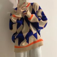 Contrast diamond check sweater womens Pullover autumn and winter new loose retro lazy wind knitted purple coat fashion