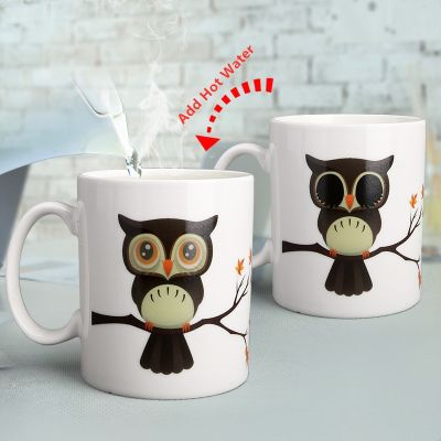 【High-end cups】แปลกนกฮูกเมจิกแก้วเปลี่ยนสีถ้วยกาแฟชานมจับถ้วยของขวัญสนุก300มิลลิลิตร