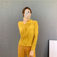 2023 Hot Miyake pleated thin top womens fashionable sunflower breathable embossed T-shirt large size slimming stand-up collar long-sleeved bottoming shirt