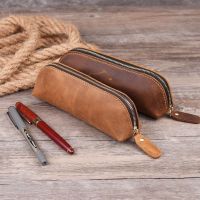 [Hot-selling item] Crazy Horse cowhide handmade pen bag for men and women stationery pen box pen storage zipper glasses bag