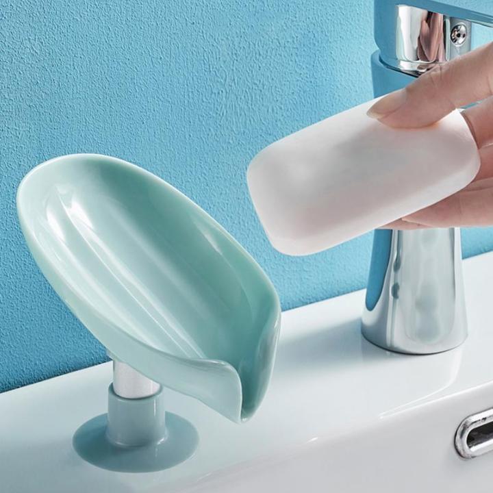 ลื่นซักรีดจานสบู่จัดเก็บท่อระบายน้ำที่มีถ้วยดูดที่วางสบู่ใบรูปร่างกรณีสบู่ห้องน้ำ-gadgets-แผ่นถาดกล่องสบู่