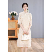 Spot parcel post2023 Spring and Summer New Original Womens Clothing Ramie Embroidered Heavy Mid-Sleeve Long Dress Buckle Cheongsam