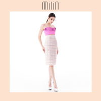 [MILIN] Multi-color tweed belted high waist midi pencil skirt with crystal buckle กระโปรงทรงดินสอ เอวสูง ผ้าทวีด แต่งเข็มขัด พร้อมหัวเข็มขัดคริสตัล Nissi Skirt สีชมพู/ Multi-Pink Tweed