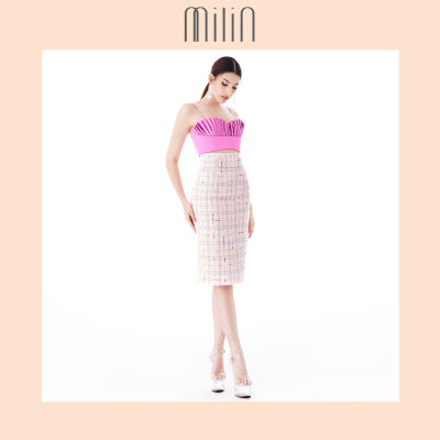 [MILIN] Multi-color tweed belted high waist midi pencil skirt with crystal buckle กระโปรงทรงดินสอ เอวสูง ผ้าทวีด แต่งเข็มขัด พร้อมหัวเข็มขัดคริสตัล Nissi Skirt สีชมพู/ Multi-Pink Tweed