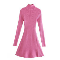 20212021 Women Knitted Mini Dress Female Fashion Chic Pink Side Split Slim Elegant Turtleneck Long Sleeve Dresses Vestidos Robe