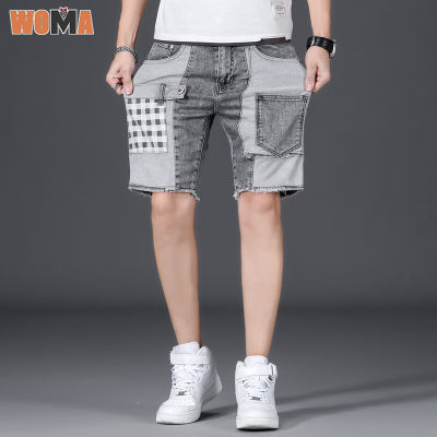 WOMA Celana Pendek Denim คาร์โก้สีเทาหลายกระเป๋า Celana Pendek Denim แผงบางคับพอดีตัวตรงของผู้ชาย