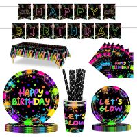 【JIU YU】❖▲▪  Neon Louça Descartável para Casamento Brilho Decorações De Aniversário Placas Descartáveis Toalha De Mesa Fontes Do Partido 1 Conjunto