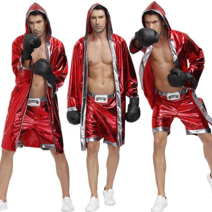 Mens Red Boxer Costume Hooded Cloak Robe Crop With Shorts Movie Boxing