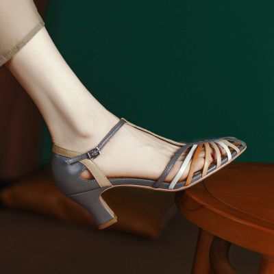 Closed Toe Hollow-out Spliced Sandals Womens Summer R T Shape High Heels Womens New All-Matching Sandals