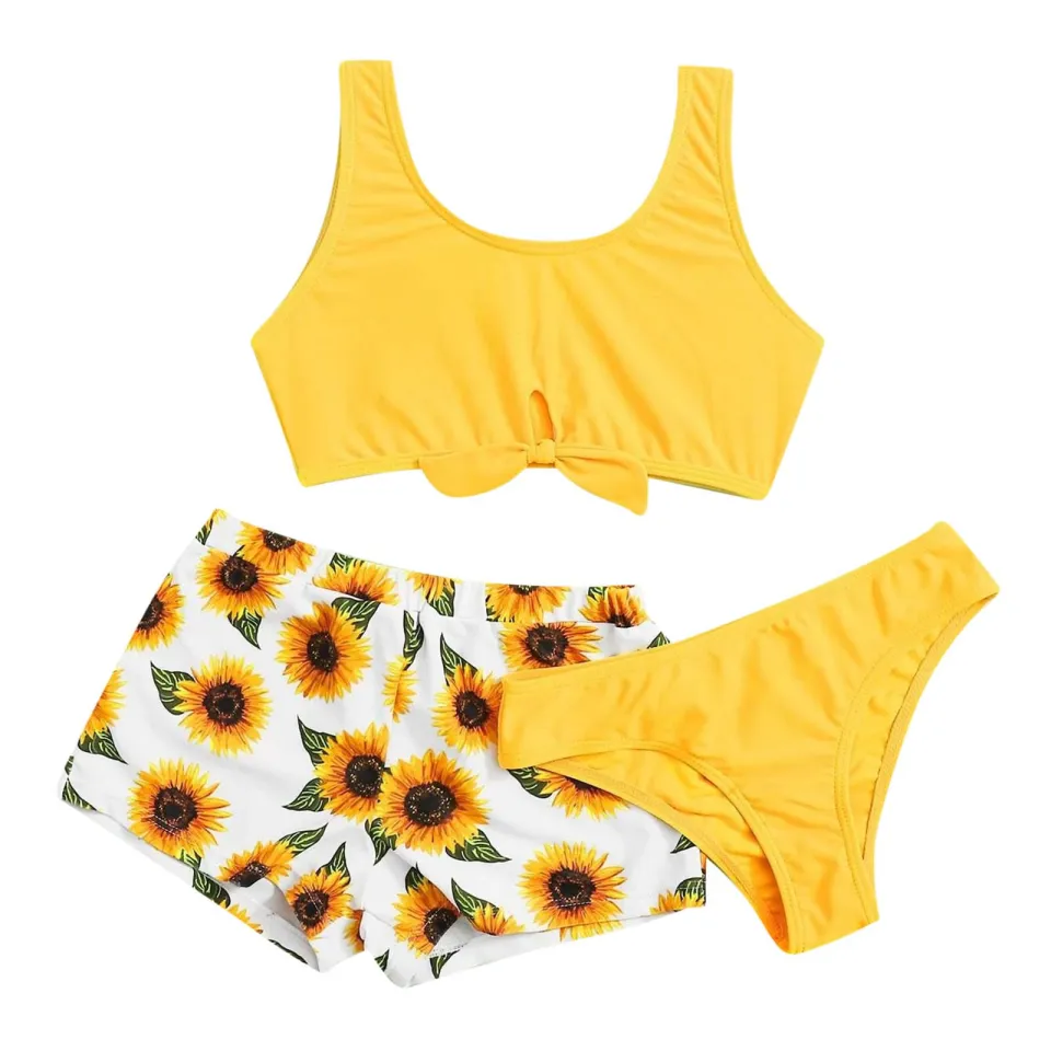 Sunflower Girls' Print Three-Piece Cute Swimsuit Floral Crisscross Summer  Girls Swimwear kids bikini for girls Bathing Suits for Girls Bikinis