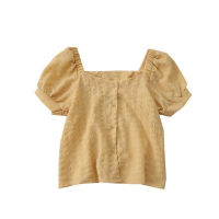 Chiffon Square Collar Blouse Single Breasted Pleated Shirt Short Puff Sleeve Chubby Top