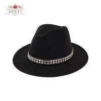 QBHAT Unisex Flat Brim Wool Felt Hat Formal Party Jazz Trilby Fedora Hats With Rivet Fashion Men Women Panama Style Formal Cap