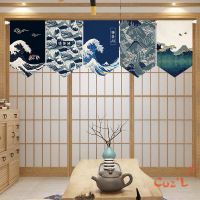 Japanese Style Kanagawa Wave Cloth Art Hanging Curtain Living Room Decoration Short Curtain Kitchen Partition Curtain Restaurant Triangle Hanging Flag Velcro Half Curtain