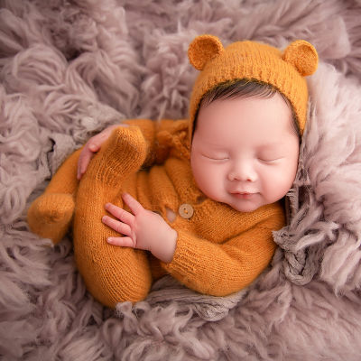 ทารกแรกเกิดการถ่ายภาพอุปกรณ์ประกอบฉากชุดหลวมง่วงนอนหมวก Bebe ถักแขนชุดเด็กภาพตัดเท้ายิง Romper ชุดนอนอุปกรณ์