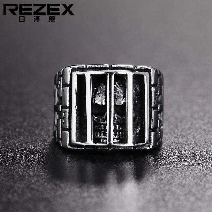 rezex-เครื่องประดับจี้สร้อยคอสไตล์โกธิคคุกหัวกะโหลกผีแหวนเหล็กไทเทเนียมแหวนเฉพาะตัว