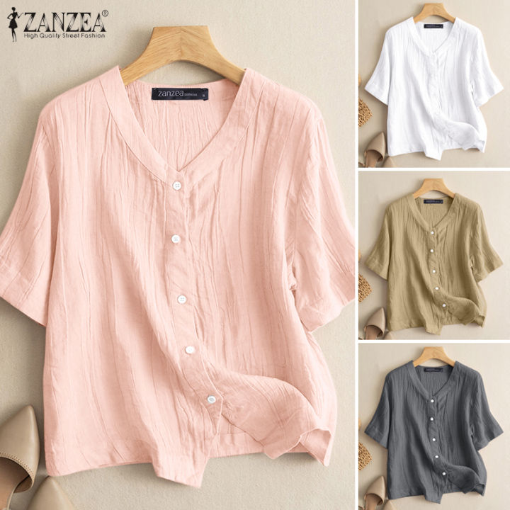 สินค้ามาใหม่-จัดส่งฟรี-fancystyle-zanzea-เสื้อยืดเสื้อจับจีบคอวีหลวมสำหรับผู้หญิงกระดุมวินเทจเสื้อเบล้าส์แบบลำลองเรียบ-2