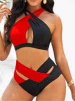 hotx 【cw】 Stitching Swimsuit 2023 New Fashion Slit Ladies Waist Piece Sets