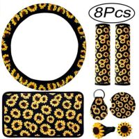 [COD] Foreign trade cross-border universal black bottom sunflower car steering wheel key chain shoulder 8-piece set