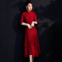 2023ใหม่ลูกไม้ยาวชุด Cheongsam แฟชั่นยืนปกบางบางทุกวันแกว่งชุดสีแดงสำหรับเจ้าสาว Qipao งานแต่งงานชุด