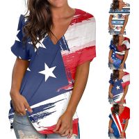 เสื้อธงชาติอเมริกาพิมพ์ลายธงชาติ July สำหรับผู้หญิงเสื้อเชิ้ตแขนสั้น4th สหรัฐอเมริกาเสื้อยืดตัวสั้นลายธงชาติแขนยาวเสื้อรัดกล้ามเนื้อ