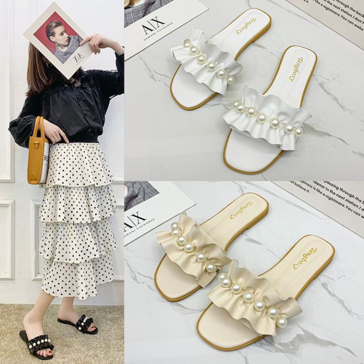 pearl-one-word-slippers-womens-new-2022-summer-fashion-wear-korean-version-lotus-leaf-sweet-beach-sandals