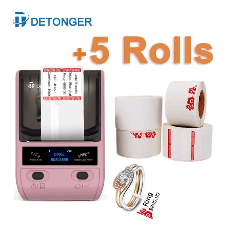 detonger-เครื่องปริ้นตราด้วยความร้อน-dp23l-บวก5ม้วนเครื่องเพชรพลอยป้ายกระดาษเครื่องเครื่องพิมพ์ฉลากบาร์โค้ด-luetooth